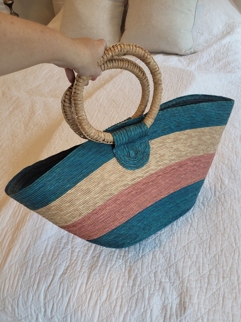 Woven Straw Circle-Handle Beach Tote in Teal, Pink & Natural, Velcro Closure - Picture 2 of 9